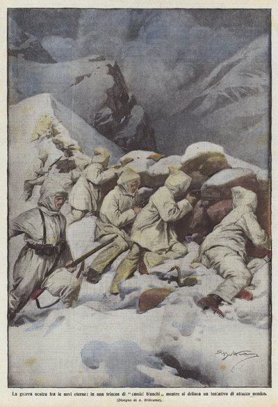 永遠の雪の間の戦争、それが出現する白衣の塹壕の中で？ 作： Achille Beltrame