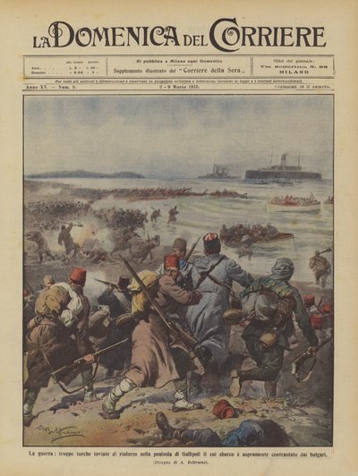 戦争、ガリポリ半島の補強のためにトルコ軍が派遣されたのは誰ですか？ 作： Achille Beltrame