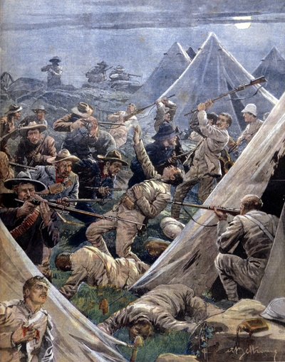 南アフリカで起きたイギリス人とボーア人との間のボーア戦争（トランスバール戦争）で、ボーア人がTweenfonteinのイギリス軍キャンプを攻撃した。イラスト：ベルトラメLa Domenica del corriere.1902. 作： Achille Beltrame
