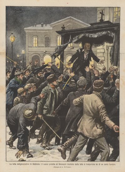 群衆に侮辱されたデブレジンの新首相、ハンガリーでの反政府闘争？ 作： Achille Beltrame