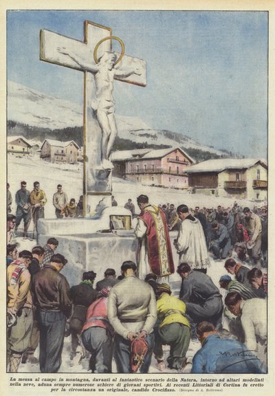 祭壇の周りの自然の素晴らしい景色の前の山の中のミサ？ 作： Achille Beltrame