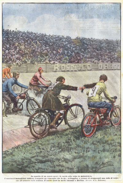新しいスポーツの誕生、オートバイでのキツネ狩り 作： Achille Beltrame
