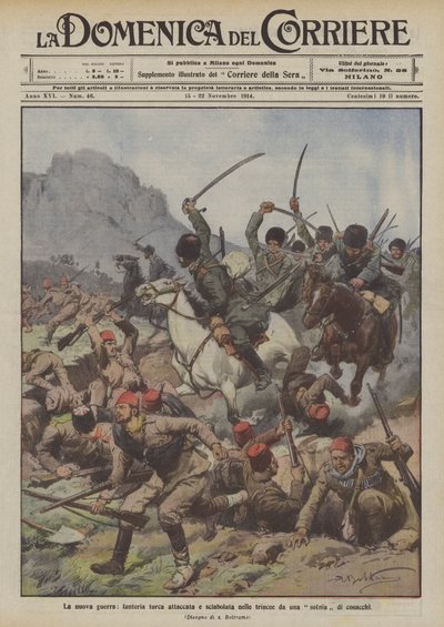 新しい戦争、トルコの歩兵がコサックのソティアによって攻撃され、塹壕で斬られた 作： Achille Beltrame