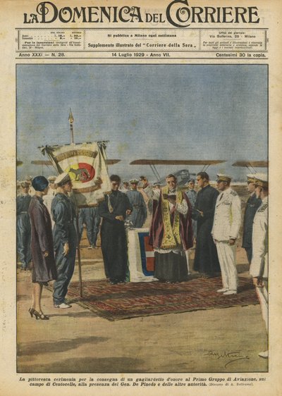 最初の航空グループに名誉のペナントを届けるための絵のような式？ 作： Achille Beltrame