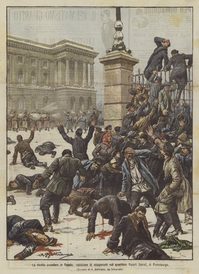 ロシアで人気のある反乱、サンクトペテルブルクのVassili Ostrof地区におけるストライカーの殺害 作： Achille Beltrame