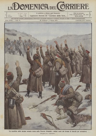 東プロイセンでの第10ロシア軍の敗北、降伏するために彼らの腕を上げるロシアの兵士 作： Achille Beltrame