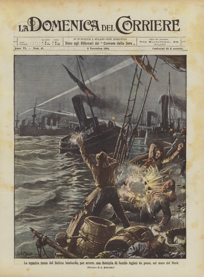ロシアのバルト海軍チームが北海でイギリスの漁船の小艦隊を誤って爆撃する 作： Achille Beltrame