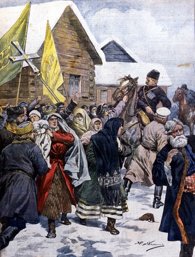 ロシアの迷信：警察が新教徒の一派を解散させようとしている。イラスト：ベルトラメLa Domenica del corriere.1901. 作： Achille Beltrame