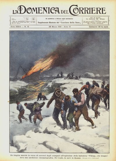 捕鯨バイキングの爆発の生存者のための援助を求めて悲劇的な行進？ 作： Achille Beltrame