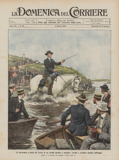 ハーネスとマウントされた馬、馬とライダーのティバーの水泳の交差点が水に入る 作： Achille Beltrame