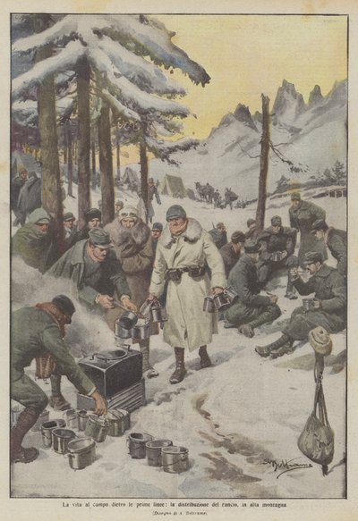 最前線の後ろの野原での生活、配給の分配、高山で 作： Achille Beltrame