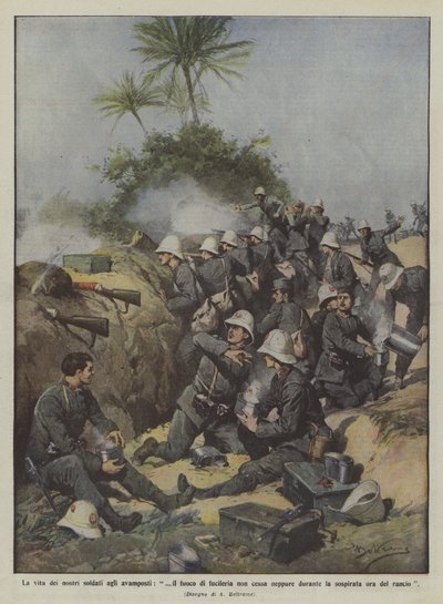 前哨基地での兵士たちの生活？銃撃はその間も止まりませんか？ 作： Achille Beltrame