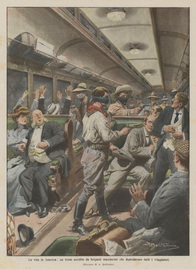 アメリカでの生活、すべての旅行者を略奪した仮面の旅団に襲われた列車 作： Achille Beltrame
