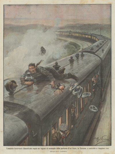 トスカーナで電車を出るときに、ワゴンで鉄道のランプの運転手が忘れましたか？ 作： Achille Beltrame