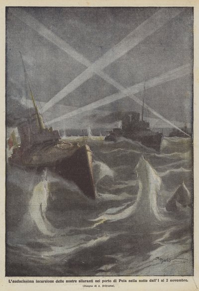 11月1〜2日の夜にプーラの港で魚雷をラウダチッシマ襲撃 作： Achille Beltrame