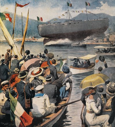 ラ・スペツィアのアルセナーレからの戦艦アンドレア・ドーリアの進水、Achille Beltrame（1871-1945）のパネル、ラ・ドメニカ・デル・コリエレ、4月6日 作： Achille Beltrame