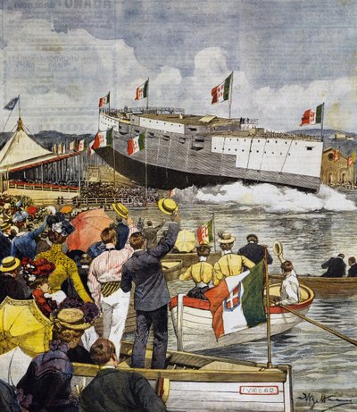 ラ・スペツィアでの戦艦レジーナ・マルゲリータの進水式、Achille Beltrame（1871-1945）のパネル、ラ・ドメニカ・デル・コリエール、6月9日 作： Achille Beltrame