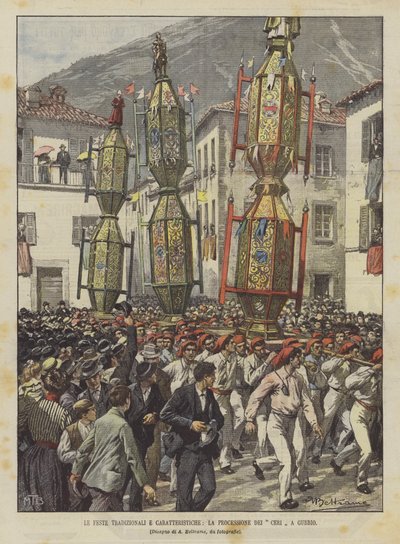 伝統的で特徴的なフェスティバル、グッビオのチェリの行列 作： Achille Beltrame