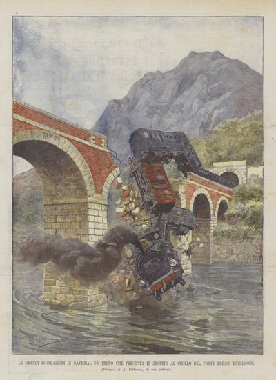 バイエルン州の大洪水、ミュールドルフでの橋の崩壊に続く急行列車 作： Achille Beltrame