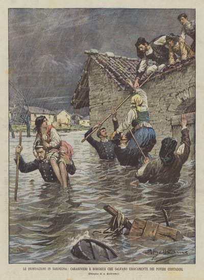 貧しい農民を英雄的に救ったサルデーニャ、カラビニエリ、ボルヘシの洪水 作： Achille Beltrame