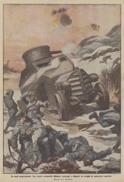 最も近代的な武器、驚きの装甲車、オーストリアの探検家グループを分散 作： Achille Beltrame