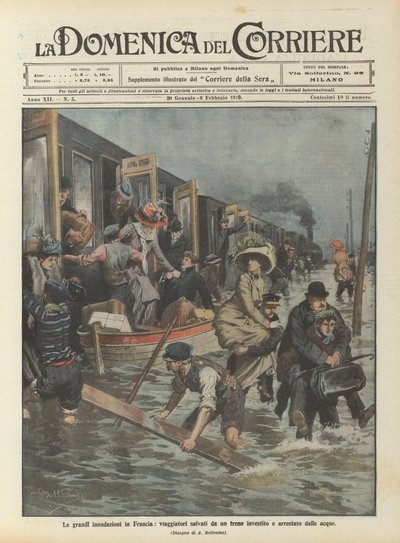 フランスの大洪水、旅行者は列車に当たって救助され、水路で逮捕された 作： Achille Beltrame