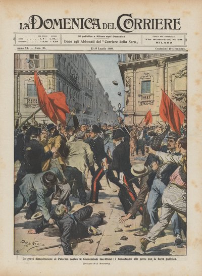 海上条約に反対するパレルモの深刻なデモ、公衆軍と闘うデモ参加者 作： Achille Beltrame