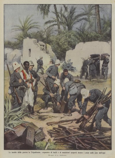 トリポリタニアでの戦争の落とし穴、内部で発見されたライフルの発作と弾薬？ 作： Achille Beltrame