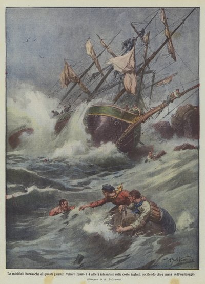 最近の猛烈な嵐、英国の海岸で壊れたロシアの4重帆船？ 作： Achille Beltrame
