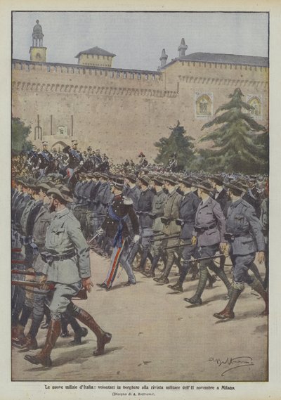 11月2日の軍事雑誌でミラノで新しいイタリアの民兵、私服のボランティア 作： Achille Beltrame