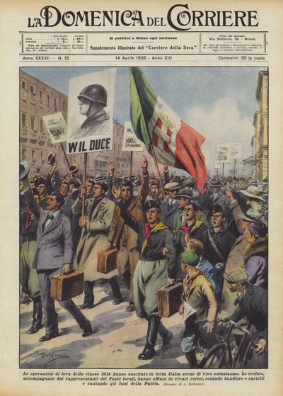 1914年のクラスを活用した作戦は、イタリア全土で活発な情熱のシーンを引き起こしました 作： Achille Beltrame