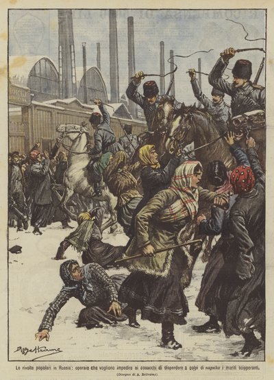 ロシアで人気のある反乱、コサックが打撃を分散するのを防ぎたい労働者？ 作： Achille Beltrame