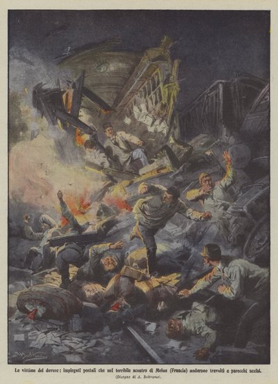 職務の犠牲者、Melun（フランス）のひどい衝突に行った郵便局員？ 作： Achille Beltrame
