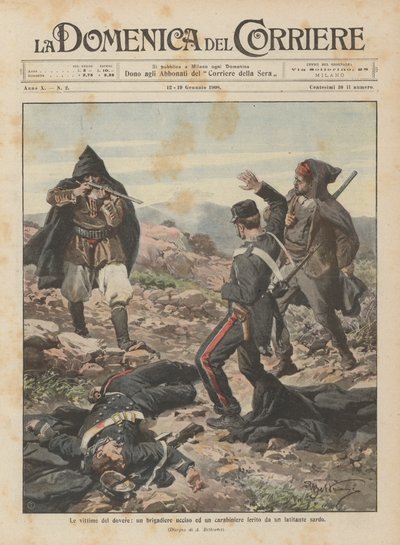 任務の犠牲者、殺害された准将、およびサルデーニャの逃亡者によって負傷したカラビニエール 作： Achille Beltrame