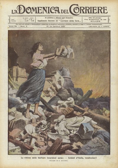 野蛮な空襲の犠牲者、イタリアの兵士たちは私たちを復讐します！ 作： Achille Beltrame