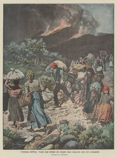 進んでいる溶岩によって脅かされたエトナ山側の住民のlesode、エトナ山の噴火 作： Achille Beltrame