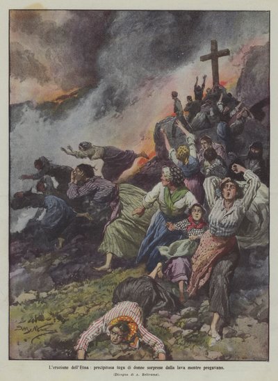 エトナ山の噴火、祈りながら溶岩に驚いた女性の急な飛行 作： Achille Beltrame