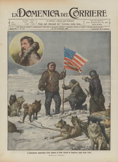 アメリカの探検家クックは北極にアメリカの国旗を飛ぶ 作： Achille Beltrame