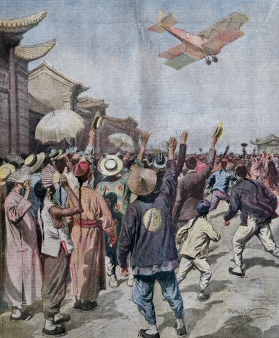 ローマ・東京間の空襲に参加したアルトゥーロ・フェラーリン中尉が上海の空に現れたイラスト（Achille Beltrameによる「La Domenica del Corriere」5月16日号より 作： Achille Beltrame