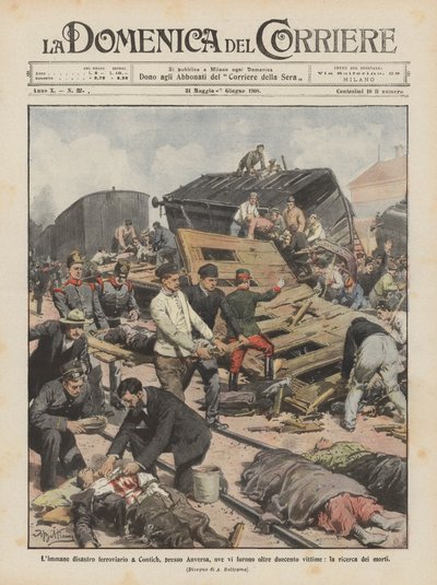 200人以上の犠牲者がいたアントワープ近くのContichでのLimmane鉄道災害、死者の捜索 作： Achille Beltrame
