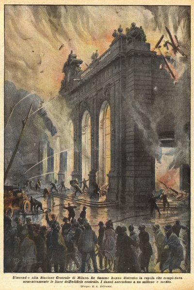 ミラノ中央駅での火災 作： Achille Beltrame