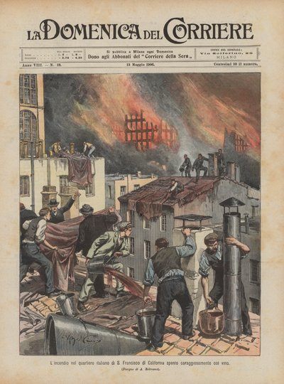 カリフォルニアのサンフランシスコのイタリアの近所での火事はワインで勇敢に消されました 作： Achille Beltrame