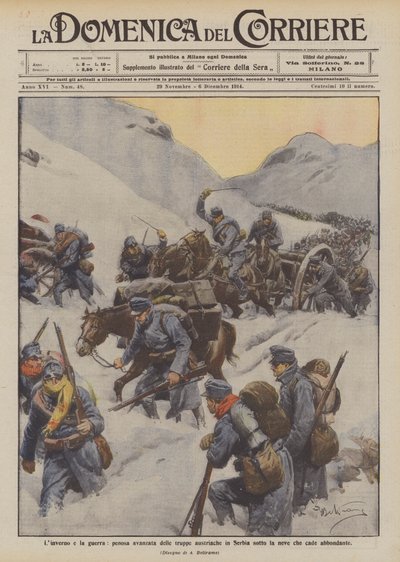 冬と戦争、雪が降るセルビアのオーストリア軍の痛ましい前進 作： Achille Beltrame