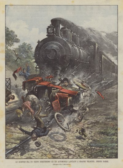 直行列車と高速道路で発進した車の衝突、パリ近郊 作： Achille Beltrame