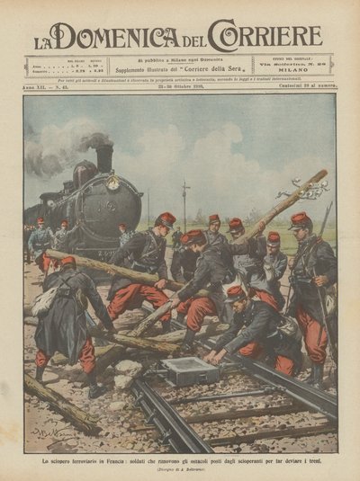 フランスの鉄道ストライキ、ストライカーによって置かれた障害を取り除く兵士？ 作： Achille Beltrame