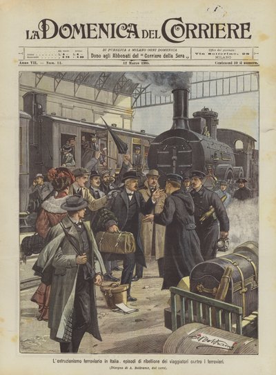 イタリアでの鉄道デモ、鉄道労働者に対する旅行者の反乱のエピソード 作： Achille Beltrame