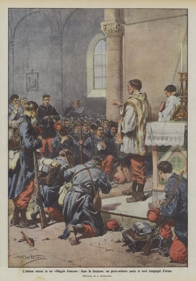 フランスの村の最後のミサ、礼拝後、司祭兵士は彼の仲間のダルメに話します 作： Achille Beltrame