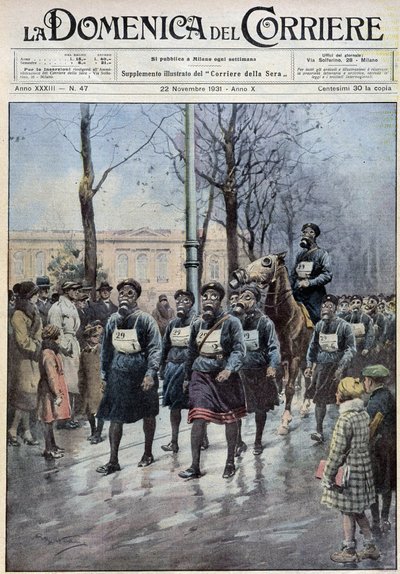 ワルシャワで行われたガスマスク使用のためのデモ行進 - 1931年11月22日付「la Domenica del Corriere」に掲載されたA.Beltrameの絵 作： Achille Beltrame