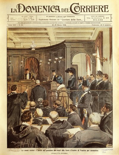 ヴェネツィアで裁判を受けるマリア・タルノフスカ（イラスト、イラストレーター・アキレ・ベルトラーメ（1871-1945）、『ラ・ドメニカ・デル・コリエ』より 作： Achille Beltrame