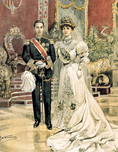 スペイン国王アルフォンソ13世とバッテンベルク王女エナの結婚、アキレ・ベルトラーメ（1871-1945）「ラ・ドメニカ・デル・コリエール」6月3日より 作： Achille Beltrame